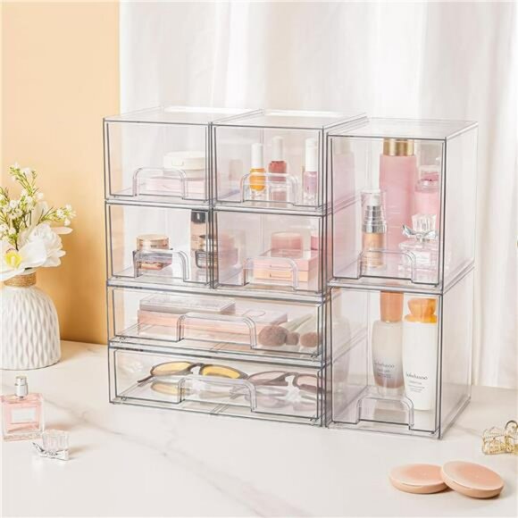 Clear Stackable Storage Drawers Set Makeup Organizer Bathroom Cabinet Bins - Picture 2 of 7